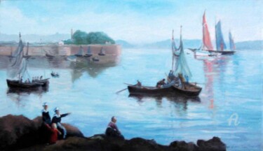 Bretonnes, enfant et bateaux d'après Guillou